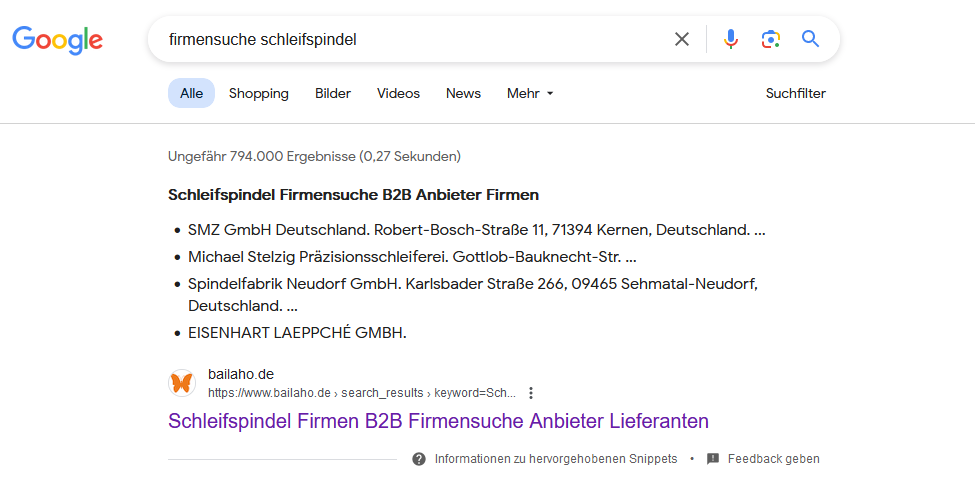 Bailaho freut sich über hervorgehobene Snippets bei Google Firmensuche B2B Firmen