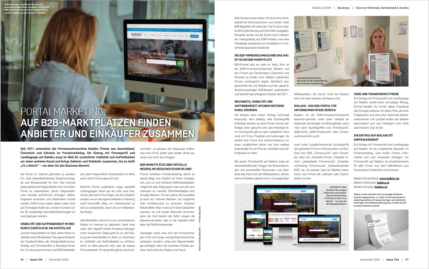 Bailaho in den Medien: Discover Germany Austria Switzerland Pressemitteilung Bailaho B2B-Firmensuchmaschine Firmensuche Firmen B2B-Suche